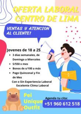 PROMOTOR DE VENTAS Y ATENCION AL CLIENTE S 550 MAS BONOS MENSUALES de s 100
